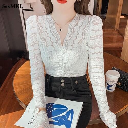 Sexy V Neck Puff Sleeve Tops Women 2021 Autumn Fashion Hollow Out Lace Blouses Y2k White Casual Winter Transparent Blusa Mujer