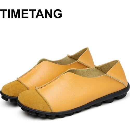 TIMETANG Genuine Leather Handmade Womens Flats 2021 Soft Slip On Women Flat Shoes Casual Woman Loafers Moccasin Plus SizeE363