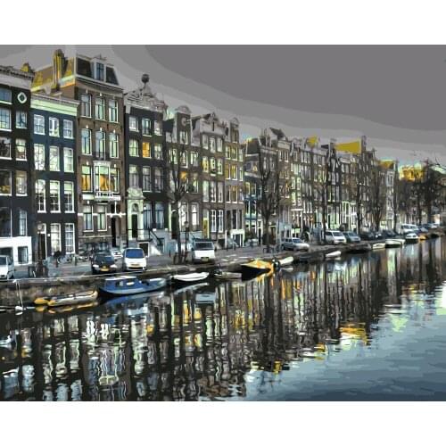 TQX-009 Boats moored by the Dutch Lake DIY Painting By Numbers Acrylic Paint On Linen Digital Painting Wall Art Picture