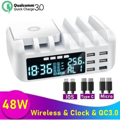 48W Fast Phone Usb Charger QC 3.0 Wireless Charger LCD Display With Clock for IPhone 11 12 Pro Max Samsung Xiaomi Phone Holder