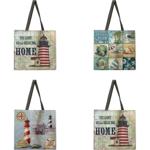 Ocean Lighthouse Ladies Printed Tote Bag Linen Shoulder Bag Tote Bag Outdoor Beach Bag Reusable Shopping Bag
