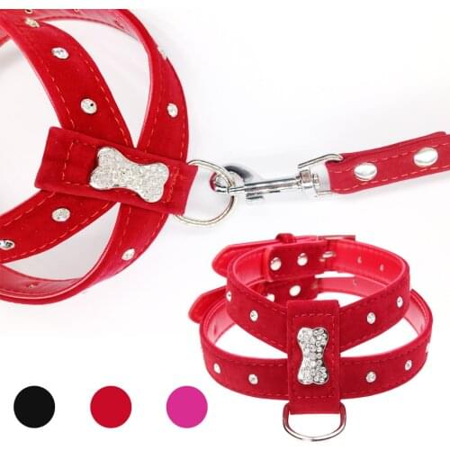 Rhinestone Bone Charm Dog Harness and leash Vest Set Chihuahua Soft Velvet Leather for Dog Small Pet Accessories Pink Red