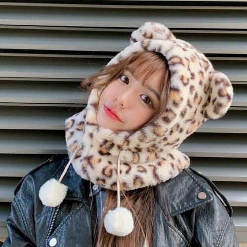 H7739 Women Bomber Hat Warm Ear Neck Protection Thick Cap Outdoor Windproof Sweet Lovely Autumn Winter Leopard Print Cute Hats