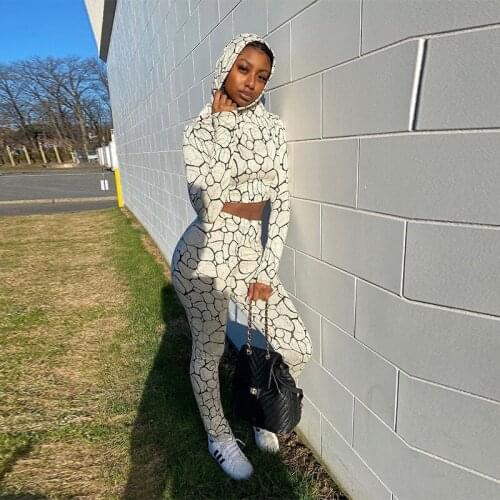 2021 Spring Autumn Women Clothes Two Piece Set White Python Pattern Sexy Streetwear Long Sleeve Hooded Crop Top +Trousers Pants