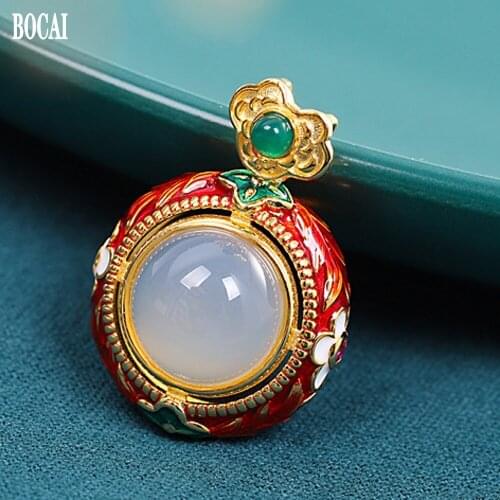 BOCAI solid s925 pure silver jewelry enamel white chalcedony pendant for woman ethnic style burnt blue womens pendant