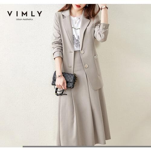 VIMLY Women Blazer Skirt Clothing Set Fashion Notched Solid Blazer High Waist Skirt Elegant Office Lady 2 Piece Set F6282
