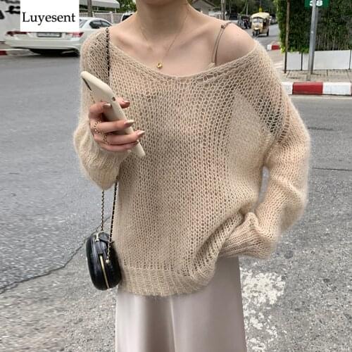 Blue Cream Beige Loose Thin Women Pullovers Sweater 2020 Lady Deep V Neck Hollow Out Knit Casual Top Retro Jumpers Korean Style