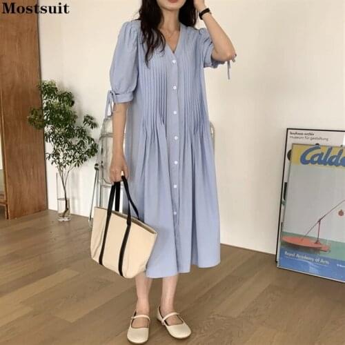 Elegant Loose Dress For Women 2021 Summer Short Sleeve V-neck Single Breasted Lace Up Vintage Pleated Dresses Korean Ropa Mujer