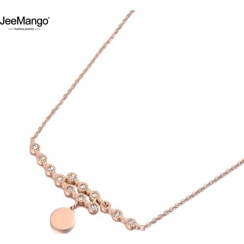 JeeMango Fashion White CZ Crystal Flower Pendant Necklaces For Women Rose Gold Titanium Stainless Steel Choker Necklace JN19146