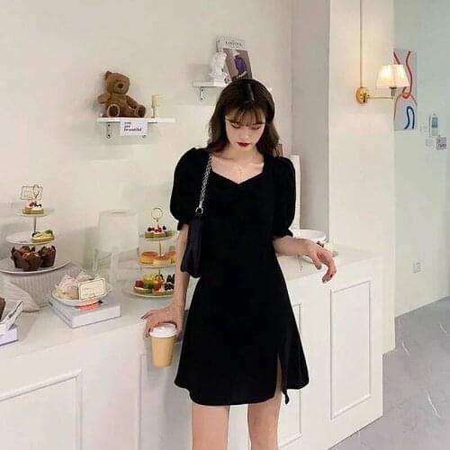 Dress Women Black Retro Plus Size 4XL Elegant Friends Side Slit Temperament Minimalist Shirring Summer Dresses Daily Chic Simple