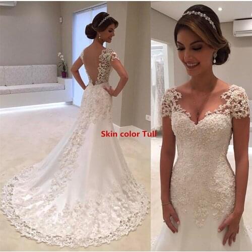 African Lace Appliques Mermaid Wedding Dresses 2019 Vestido De Noiva Handmade Black Women Girls Short Sleeve Bridal Gowns
