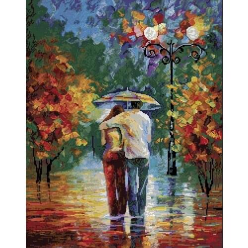 100% exact printing canvas Top Quality cross stitch set rain love, walk in the rain oil painting