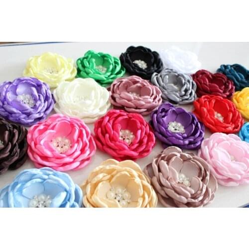 Baby Kids Burned edges hair flower accessories Singed Satin Fabric flower ruffled curly rhinestone flower Women headwear 30pcs