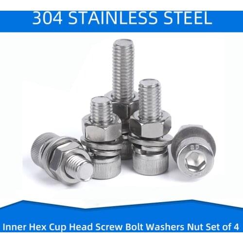 304 Stainless Steel Inner Hex Cup Head Screw Bolt with Flat Washers Nut Hexagon Socket Screws set of 4 M3 M4 M5 M6 M8