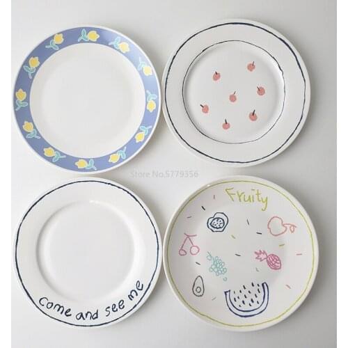 8 Inch Lovely Ceramic Plate Dessert Plate Ceramic Breakfast Cake Dessert Flower Fruit Letters Pattern Dish Home Decorations