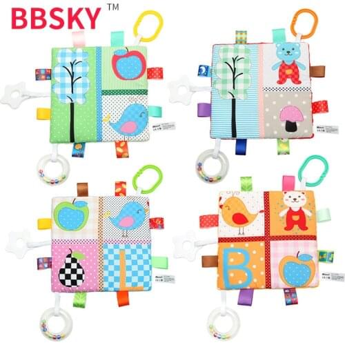 Babys mouthable square towel with ring ring, soft ringed paper color label, baby teether soothing towel