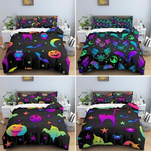 PMJOHFTG Home Textile Halloween Duvet Cover Pillowcase Bats Pumpkins Spiders Pattern Child Teen Girl Colorful Bedding Cover Set