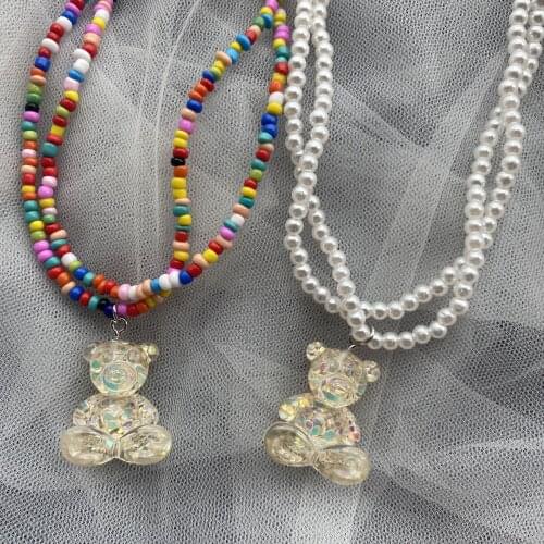 Bear Double-Layer Necklace Colorful Rice Bead Chain Necklace Clavicle Chain Handmade Bear Pendant Necklace Wholesale