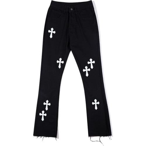 Cross Embroidery Jeans Men Women Hip Hop Streetwear Burrs Flared Denim Pants Mens Vibe Style Slim Fit Trousers Pantalones Hombre