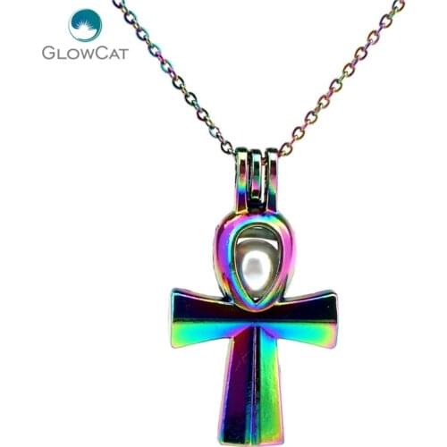 C677 COLORS Egyptian Ankh Cross Beads Cage Necklace Pendant Aroma Essential Oil Diffuser Locket Necklace