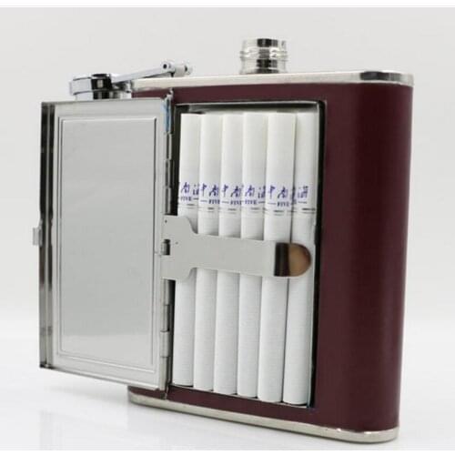 Cool Stainless Steel and Leather Alcohol Flask with Compartment/Cigarette Case - For Men and Women - Drinking Flask for Liquor