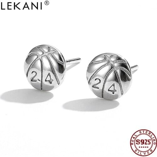 LEKANI Real 925 Sterling Silver Round Basketball Stud Earrings For Women Energetic Simple Small Earring Fine Unisex Jewelry