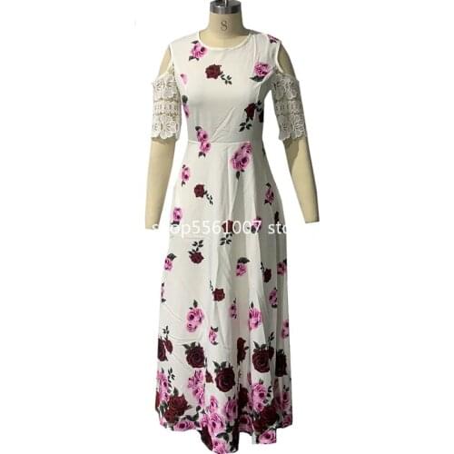 Summer Dress Women 2020 Casual Plus Size Slim Floral Print Ball Gown Maxi Dress Elegant Sexy Off Shoulder Lace Long Party Dress