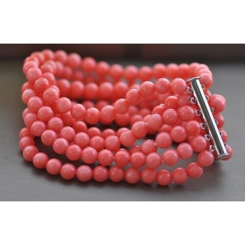 MCT·STAR Z10403 6Row 8" 6mm Pink Round Coral Bead Bracelet Magnetic