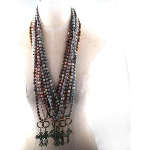 MOODPC Fashion Bohemian Tribal Jewelry Fashion Natural Semi Precious Stones Knotted Metal Cross Necklace