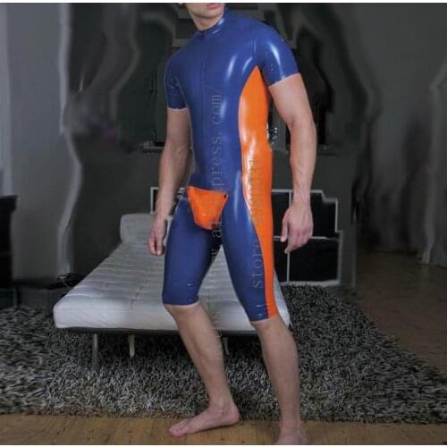 Cool mens latex catsuit in Zentai short sleeve blue latex bodysuit with orange trims decorations attached back zipper