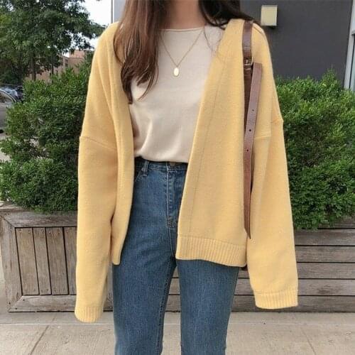 2021Autumn Trend Cardigan Women Yellow Solid Knit Sweater Simple Popular Chic Casual Loose Student Outerwear Female Top Hoty