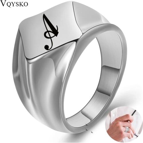 Personalized Stainless Steel Geometry Signet Ring In Gold Color Engraving Initial Letter Pinky Men Ring