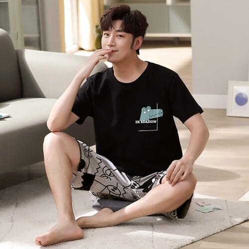 Summer Cartoon Pajamas for Men Sleepwear Short Sleeve Sleep Tops Male Pajama Sets Naughty Bear Print Patchwork Pijama Mens Set