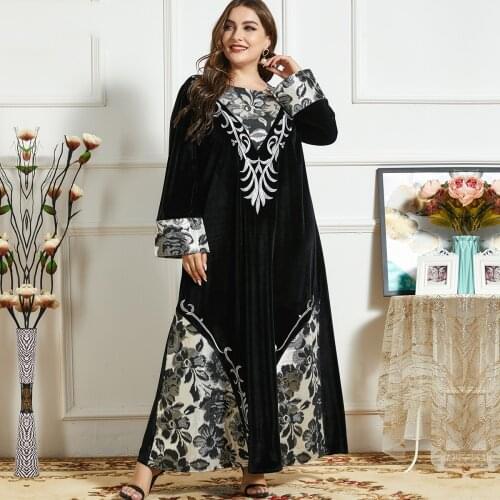 Elegant Velvet Muslim Dress Women Bow Floral Big Swing A-line Maxi Dress Kimono Jubah Robe Print Abaya Dresses Islamic Clothing