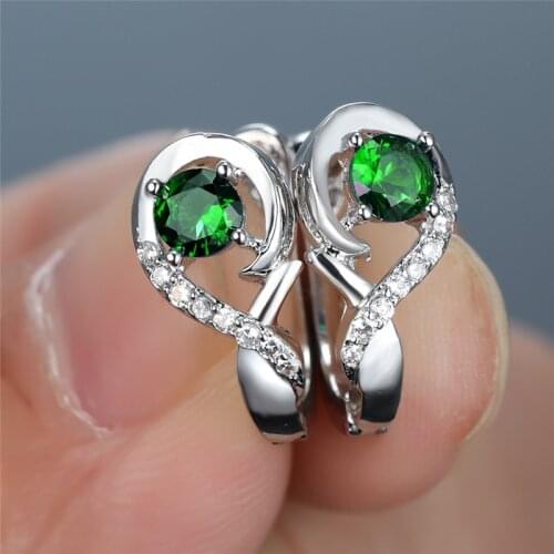 Trendy Rainbow Round Stone Wedding Earrings Simple Fashion Green Crystal Earrings Rose Gold Silver Color Hoop Earrings For Women