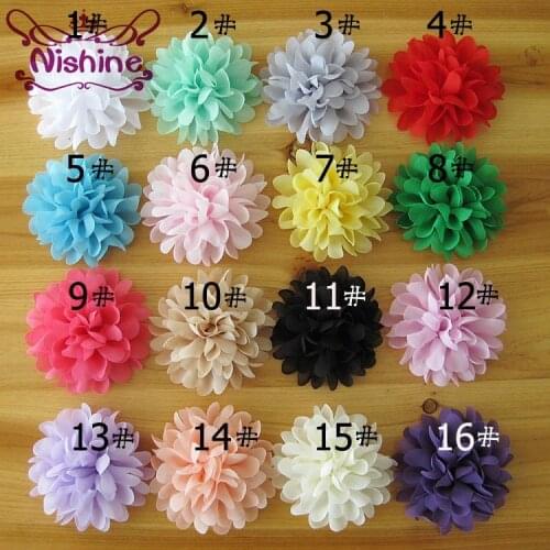 Nishine 30pcs/lot 4" 16colors Chiffon Flowers Flatback Flet Flower For Kids Hair Accessories Fluffy Fabric Flowers For Clips