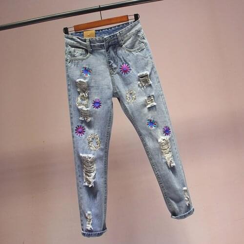 Thin summer Embroidery ripped jeans Women Fashion Casual loose Ankle-Length high waist Harem pants Ladies Denim Do old Jeans