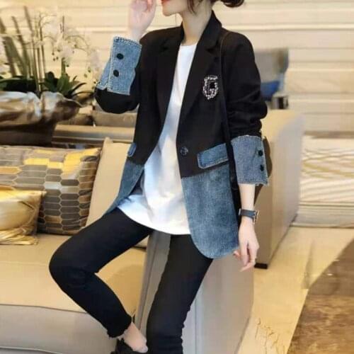 Spring 2021 New Womens European Goods Trendy Black Temperament Suit Stitching Denim Fashion Jacket Veste En Jeans Pour Femme