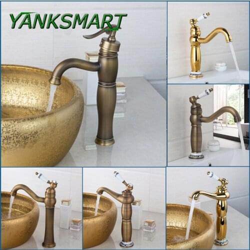 YANKSMART Vintage Antique Brass Bathroom Faucet Wash Basin Tap Swivel Single Handle Hot and Cold Water Mixer Taps