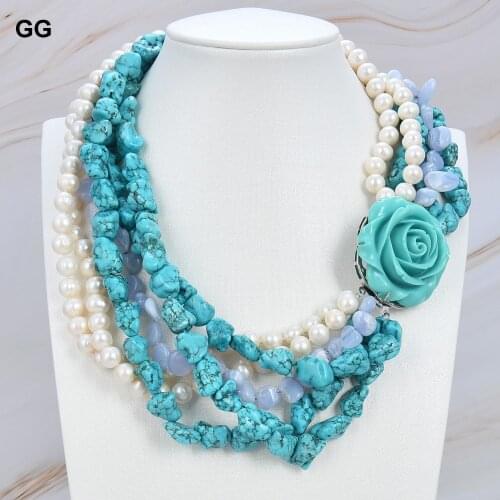 GuaiGuai Jewelry Natural White Pearl Turquoise Blue Chalcedony Necklace 20.5"