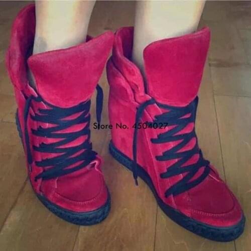 Hot Sale height increasing 8 cm New Womens Boot Fashion Spring Autumn Platform Wedges Boots Lace Up Casual shoes