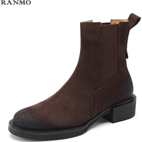 2021 New Hot Sale Real Cow Leather Suede Ankle Boots Women Round Toe Kitten Heels Short Boots Winter Cowboy Knight Boots Woman