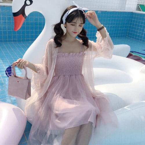 2021 Fashion Suit Womens Long Sleeve Chiffon Shirt Top and Mesh Spaghetti Strap Dresses Plus Size 2 Piece Set Women Dress Y542