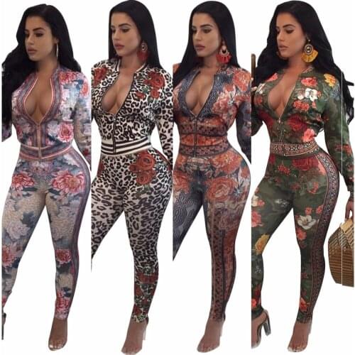 Two piece set Sexy Spring Big Flower Fashion casaul tracksuit women clothing Leopard Print Plus size
