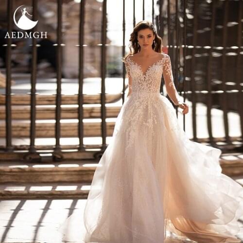 Aedmgh A-Line Beach Wedding Dresses 2021 Sweetheart Long Sleeve Vestido De Novia Lace Appliques Court Train Tulle Robe De Marige
