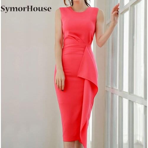 2021 Women Elegant Pink Ruffle Sleeveless with Slit Formal Party Dress Bodycon Office Lady Work Sheath Dress Summer