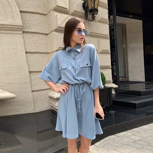 Women Casual Solid Turn-down Collar Belt A-line Three Quarter Single Breasted Mini Dress Blue New Fashion Autumn Dress