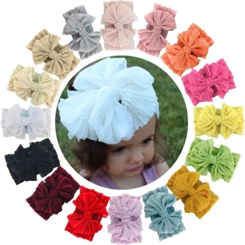 16pcs/lot 5.5" Large Lace Hair Bow Headbands Kid Girls Soft Elastic Headwear Newborn Hairband Photography Prop