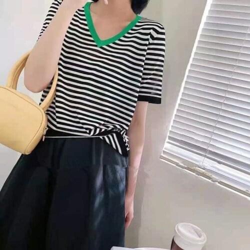 2021 Time-limited Promotion 20575 (2 Room 1 Row 5) Not Make Web Celebrity Figure V-neck Stripes Short Sleeve T-shirt [2000] 31