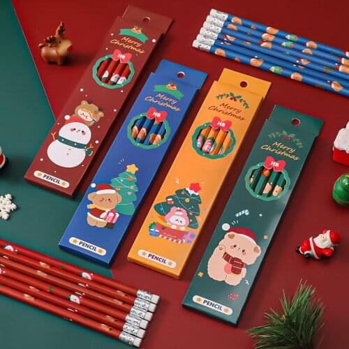 6Pcs/Box Cute Christmas Pencil School Pupils Writing Drawing Sketch Pen Set Christmas HB With Rubber Pencil Kids Office Supplies